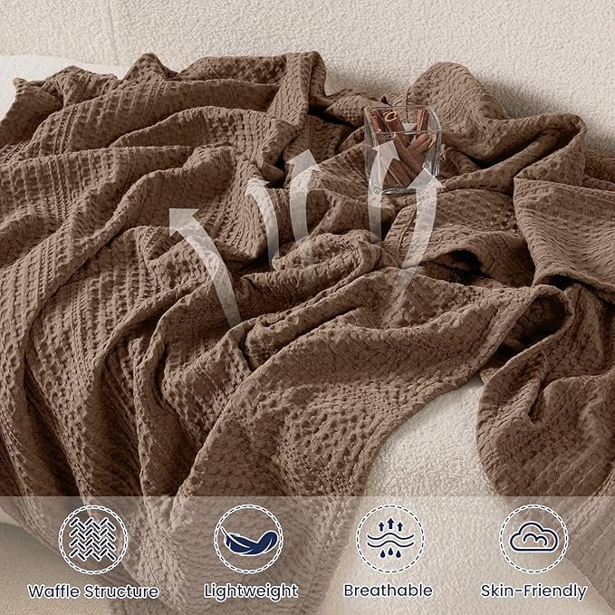 PHF Lightweight Waffle Weave Throw Blanket 50"x 60", Soft Woven Summer Blanket for Hot Sleepers - Aesthetic Home Decor for Couch Bed Sofa, Pet Friendly, Cocoa Brown