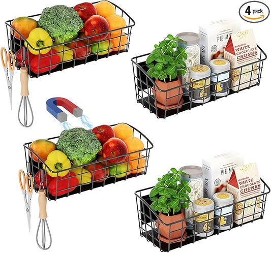 4-Pack Magnetic Spice Rack for Refrigerator, Versatile Magnetic Shelf Organizer with 4 Hooks for Kitchen Storage, Large Capacity Spice Rack for Fridge, Oven, or Cabinet - Black
