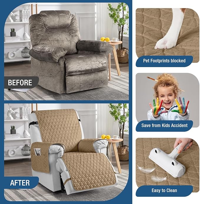 TAOCOCO 100% Waterproof Recliner Cover - Recliner Cover with Non-Slip Granule, Recliner Chair Covers with Elastic Band, Recliner Chair Covers for Reclining Chair (Camel,Small-22'')