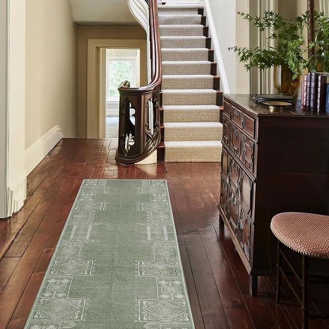 NICETOWN Green Kitchen Runner Rug- 2x6 Rug Washable Non Slip with Rubber Backing Vintage Ultra-Thin Throw Carpet Runners for Hallways Bedroom Laundry Room, Sage Green