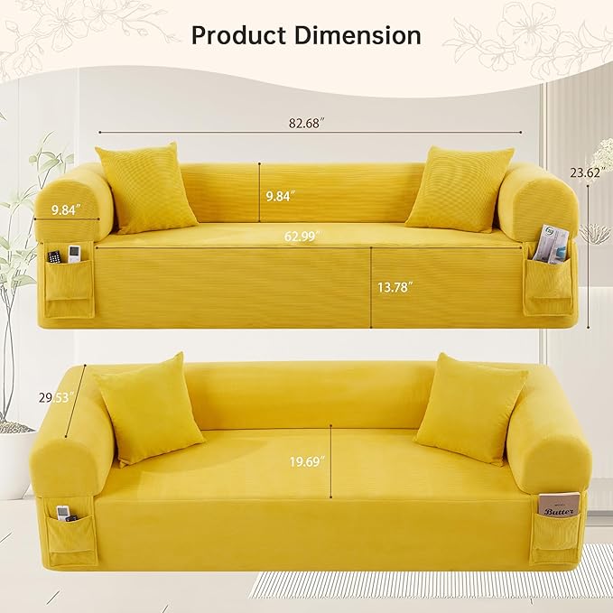 83'' Boneless Sofa in A Box, 3-Seater Floor Sofa No Assembly Corduroy Couch for Living Room, Cloud Couch with 2 Pillows & Storage Bag, Memory Foam Small Floor Couches for Office, Bright Yellow