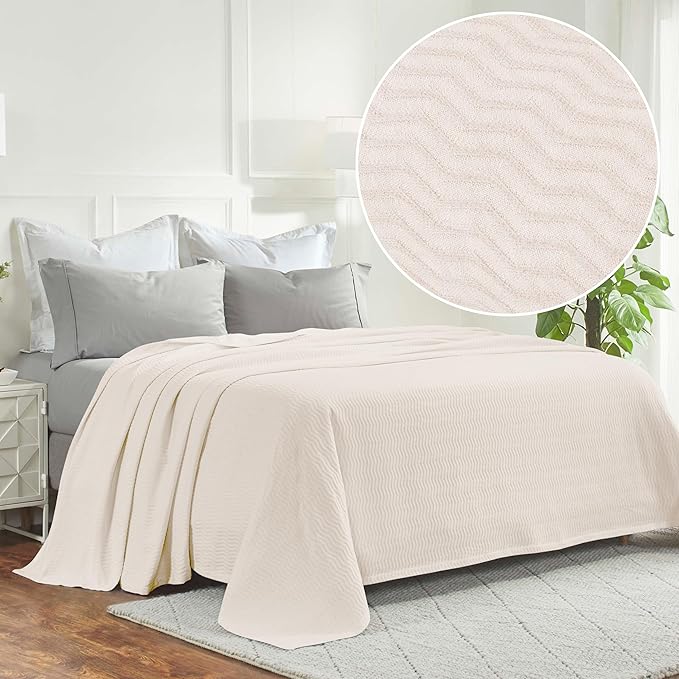 Superior JENA Cotton Blanket, for Picnic, Beach, Traveling or Camping, Bedroom Decor, Essentials, Cover for Bed, Couch, Lounging, Textured Jacquard, Modern Chevron Woven Blanket, Full/Queen, Ivory