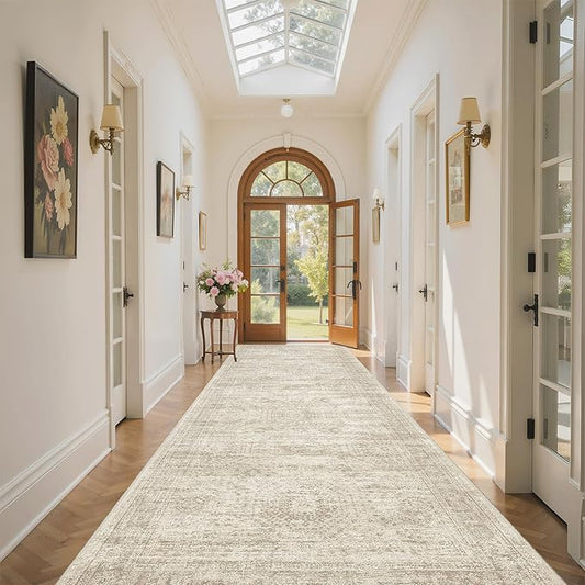 4x12 Wide Hallway Runners: Washable 12ft Runner Rug for Entryway Living Room Soft Vintage Non Slip Carpet Runner for Kitchen Dining Room Nursery Bedroom (Beige, 4x12ft)