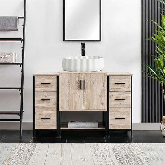 eclife 48" Bathroom Vanity Sink Combo Modern Metal Stand Cabinet W/Bottom Shelf & Storage Side Cabinets White Shell Vessel Sink & Water Save Faucet & Pop Up Drain, Oak (T54)