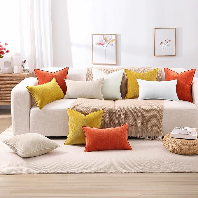decorUhome Spring Couch Euro Sham Throw Pillow Covers 24x24 Set of 2, Decorative Soft Velvet Modern Cozy Chenille Pillow Cases with Elegant Design for Sofa Bed Living Room Home Decor, Cream White