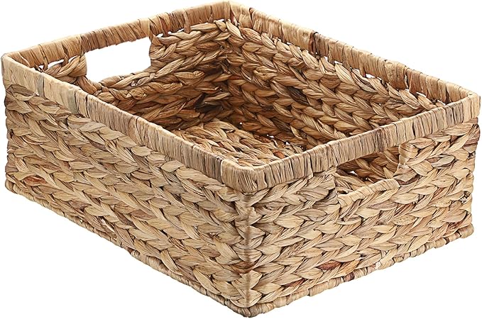 Wicker Basket for Shelf Natural Water Hyacinth Storage Baskets with Built-in Handles Rectangular Handwoven Basket Bin for Bathroom Kitchen Home Decor,X-Large