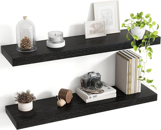 30 Inch Floating Shelves, 8 Inch Deep Floating Shelves for Wall, Hanging Shelf with Invisible Brackets, Deep Shelves for Bathroom, Bedroom, Living Room, Black, Set of 2