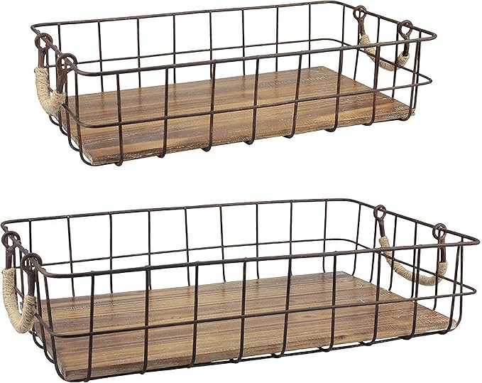 Stonebriar Stackable 2pc Rectangle Metal Wire and Wood Basket Set with Rope Wrapped Handles, Rustic Decor for Home Storage, Decorative Serving Baskets for Weddings, Birthdays, and Holiday Parties