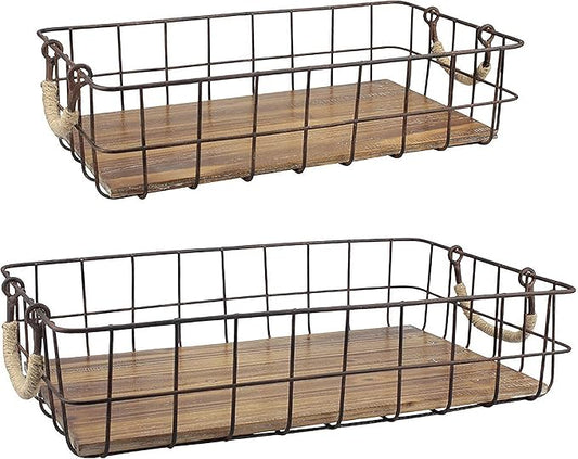 Stonebriar Stackable 2pc Rectangle Metal Wire and Wood Basket Set with Rope Wrapped Handles, Rustic Decor for Home Storage, Decorative Serving Baskets for Weddings, Birthdays, and Holiday Parties