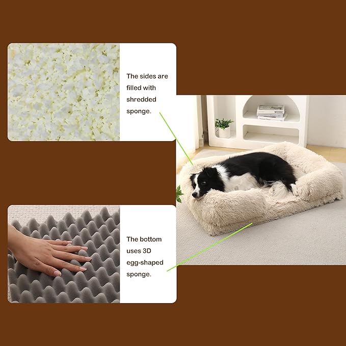 Orthopedic Dog Bed for XL Dogs - Washable Memory Foam Pet Sofa, Fluffy Plush Rectangular Bed, Waterproof Anti-Anxiety Couch, Light Gray, XL