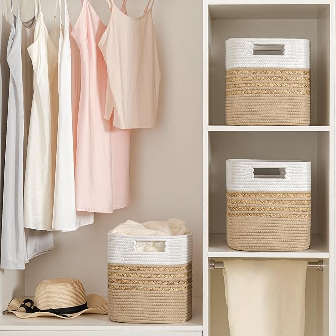 UBBCARE Set of 4 Storage Cubes 11 X 10.5 X 10.5 in, Water Hyacinth Storage Bins for Shelves, Toys, Book, Storage Baskets with Handles, Cotton Rope Woven Baskets for Organizing, Brown