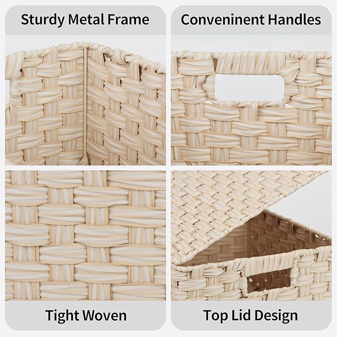 GRANNY SAYS Wicker Storage Baskets with Lids, Set of 3 Decorative Storage Boxes, Baskets for Organizing, Butter Milk, 3-Pack