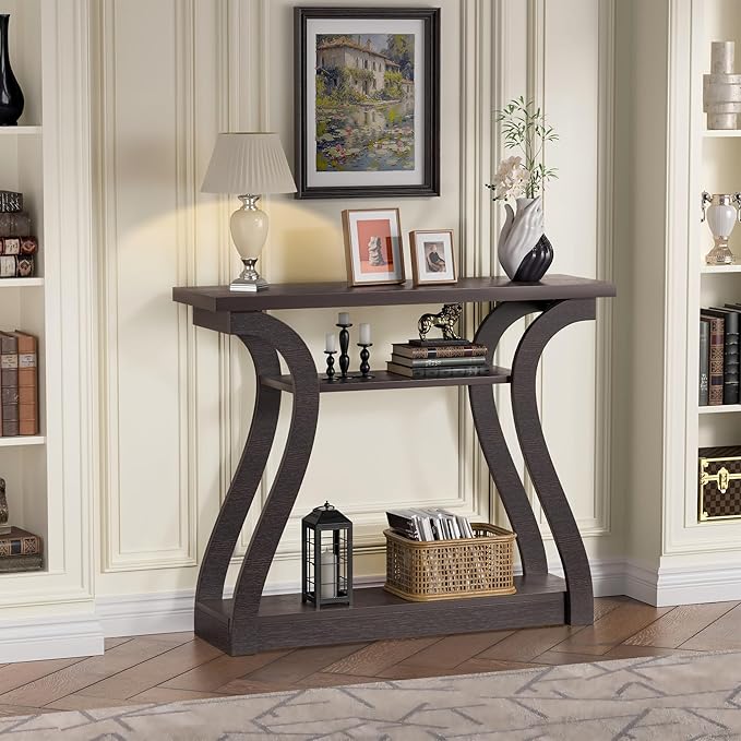 Wooden Console Table with Curved Legs and Shelf, 3-Tier Modern Accent Sofa Table for Entrance Area, Living Room, Hallway 47 in Wide (Brown)