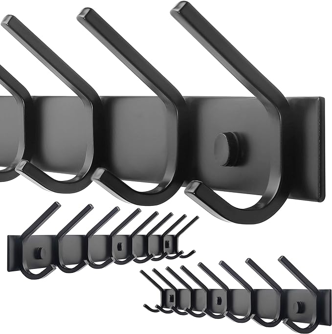 WEBI Coat Rack Wall Mounted,8 Hooks for Hanging Coats,Hook Rack Hook Rail Coat Hanger Wall Mount for Backpack,Clothes,Jacket,Black,2 Packs