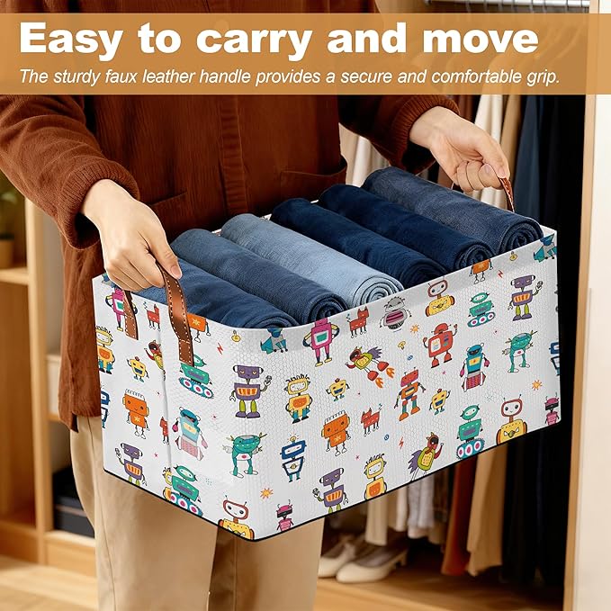 Robot Storage Bin with Handles, Basket Storage Organizer for Shelves, Closet, Nursery, Book, Laundry Hamper & Home Decor