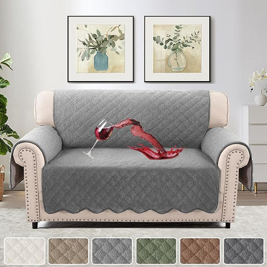 H.VERSAILTEX Waterproof Quilted Couch Covers Non Slip Sofa Covers Protector Slipcovers for Dogs Couch Covers for 2 Cushion Couch Sofa Pet Furniture Protector Modern Fleece Fabric (Loveseat,Grey)