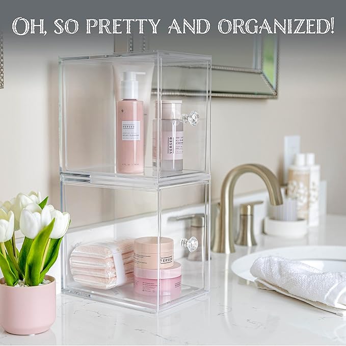 Oizeir Clear Drawer Organizers - Acrylic, Durable, Stackable, Pull-Out Drawer - Great for Medicine, Cosmetics, Makeup and Bathroom Organization (8" High | 2-PACK)