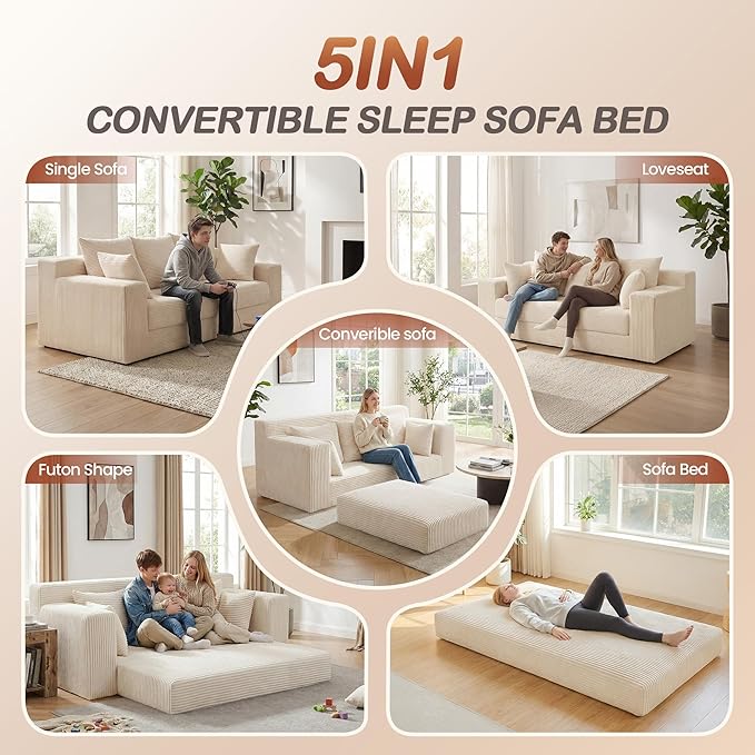 Convertible Sofa Bed, 5 in 1 Small Boneless Couch Pull Out Loveseat Sleeper Sofa,Corduroy Futon Couch Folding Mattress with 4 Pillows for Living Room Bedroom Lounge (No Assembly)