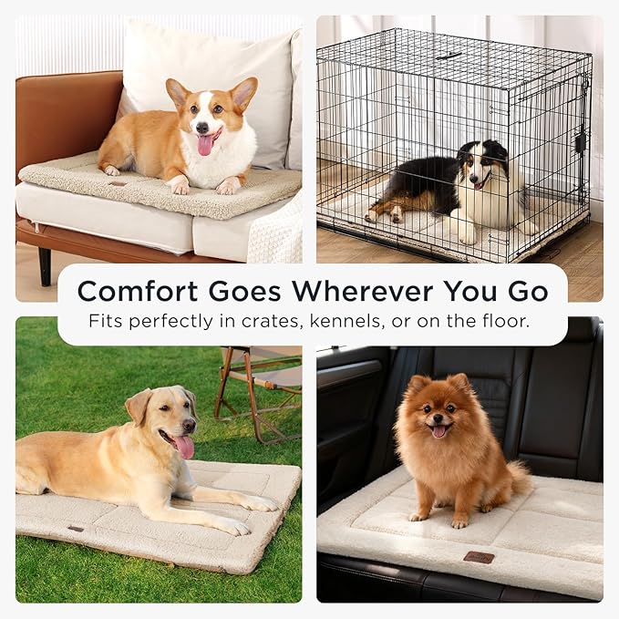 Reversible Dog Crate Pad Bed for Medium Small Dogs,Washable & Non-Slip Kennel Pet Mat, High Density Foam and Soft Fleece Cat Bed for Indoor & Outdoor Use, 35" x 23", Cream White
