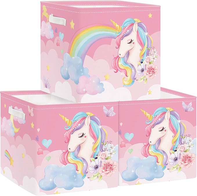 Clastyle Pink Unicorn Rainbow Kid Storage Basket Set Foldable Closet Clothes Organizer Nursery Toddler Toy Bin Girl Book Shelf Basket, Cloud, 11.8x11.8x11.8 in