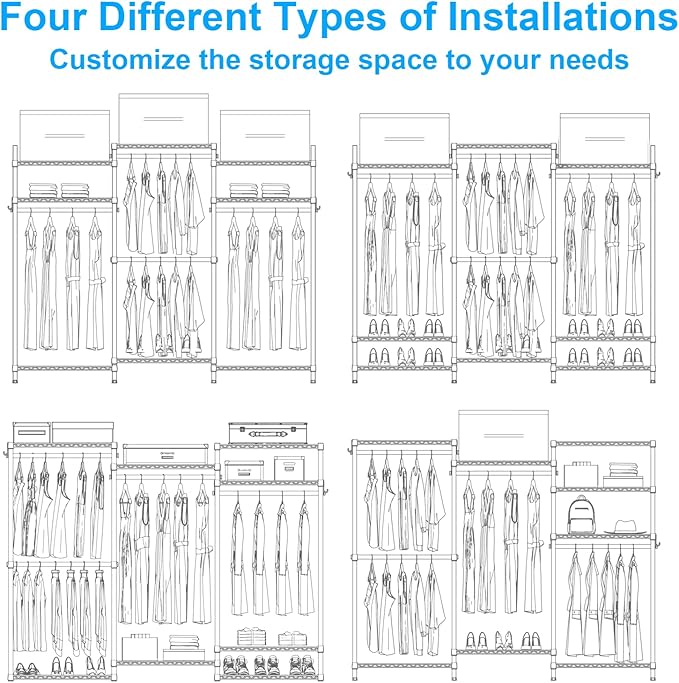 Ulif E13 Pro Heavy Duty Clothes Rack（With 4 Hanger Rods & 8 Shelves） Freestanding Clothing Racks for Hanging Clothes，Adjustable Closet，Metal Garment Rack 75" W x16 D x77 H，Max Load 1000LBS，Black