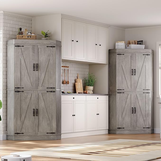 Corner Cabinet,71'' Kitchen Pantry Storage Cabinet with 4 Doors and Shelves, Tall Food Pantry Storage Cabinet Farmhouse Furniture for Kitchen Dining Room, Grey