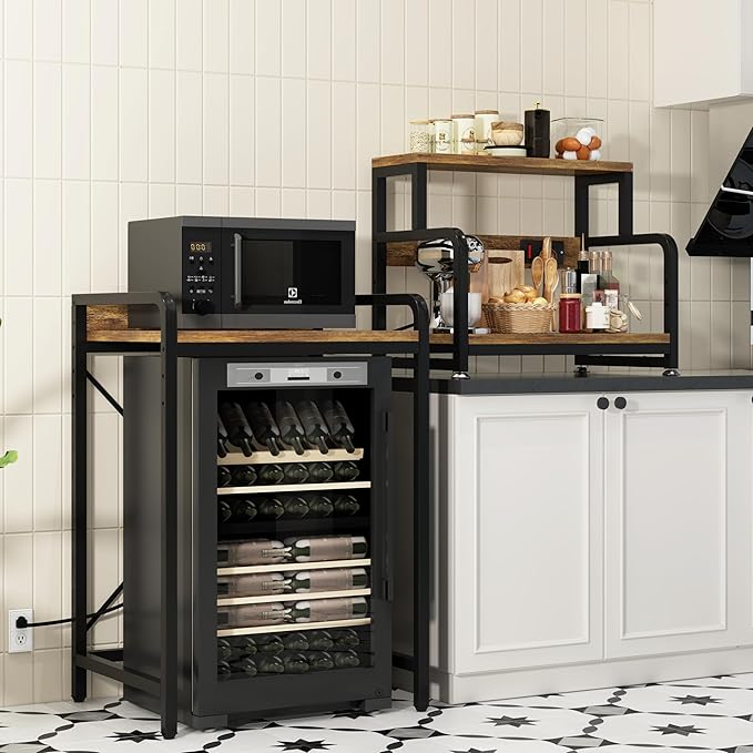 4- Tier Mini Fridge Stand Shelf with Power Outlet, Double-Purpose Rack, Mini Fridge & Microwave Oven Stand Table, Bar Cabinet, Free Standing Shelf for Office, Kitchen, Home.