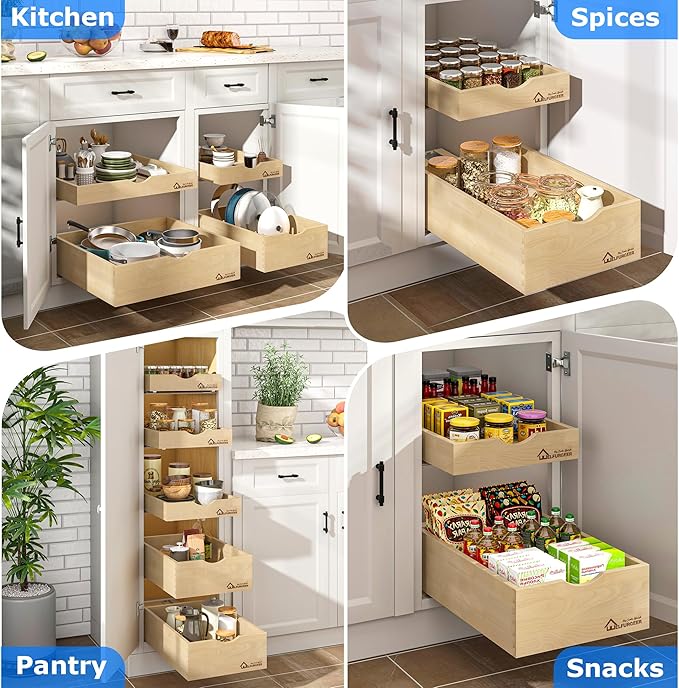 WelFurGeer Soft Close Pull Out Drawers for Kitchen Cabinets, 17" W x 21" D Pull Out Cabinet Organizer, Premium Birchwood Pull-Out Cabinet Drawers, Smooth Slide-Out Shelves for Kitchen Cabinets