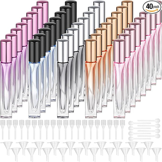 Domensi 40 Pcs 10/15/20/30 ml Perfume Travel Refillable Bottles Glass Spray Bottle Perfume Atomizer for Cologne Dispenser Leak-proof Fragrance Bottles Atomizer Pump Kit (10 ml,Light Colors)