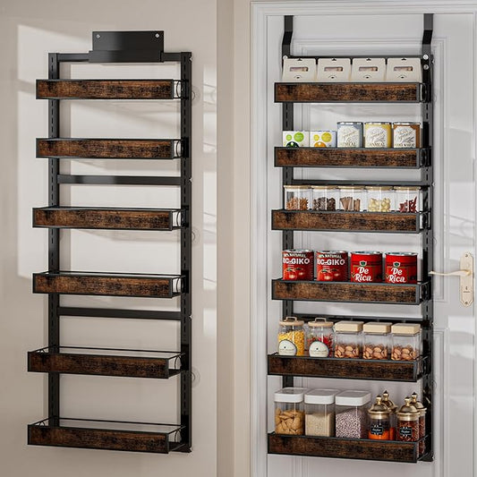 6 Tier Over The Door Pantry Orangizer 2 IN 1 Wall Mounted or Hanging Spice Rack with Adjustable Wood Basket,Heavy Duty Seasoning Storage Shelf for Kitchen Pantry and Bathroom