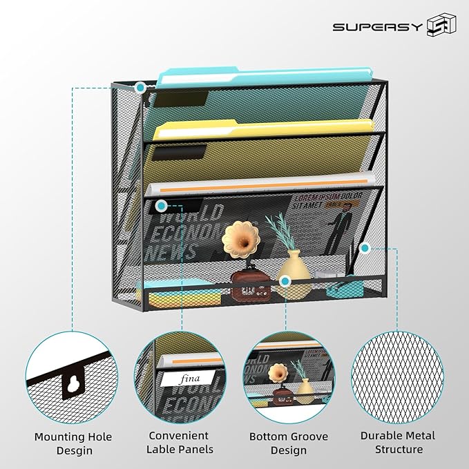 SUPEASY 4-Tier Wall File Organizer Mesh Office Mail Holder, Hanging Wall Organizer Magazine Rack for Office Black