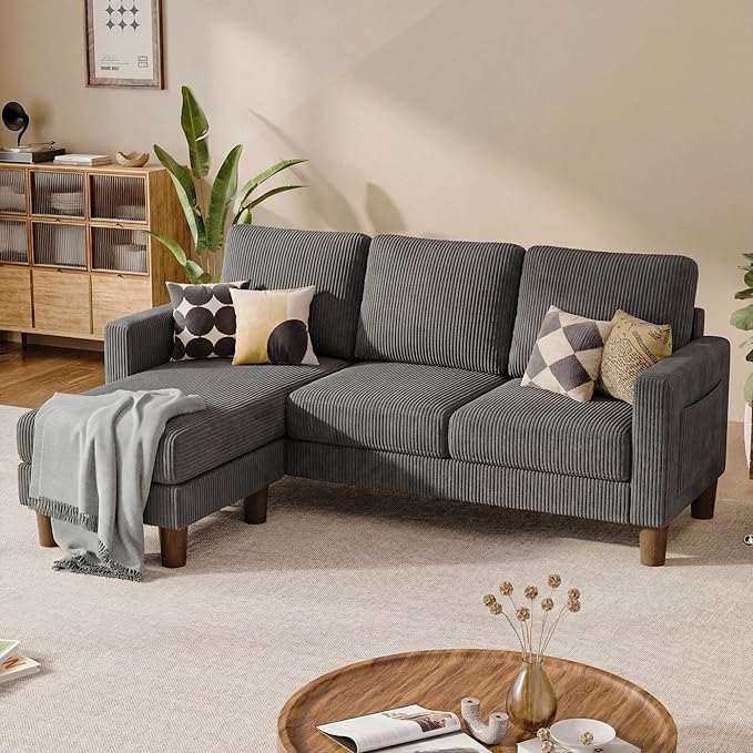 L Shape Sectional Sofa Couch, 3 Seat Convertible Sofa with Movable Ottoman and Side Storage Pockage, Modern Sofa Small Couches for Living Room & Apartment and Small Space (Corduroy, Dark Grey)