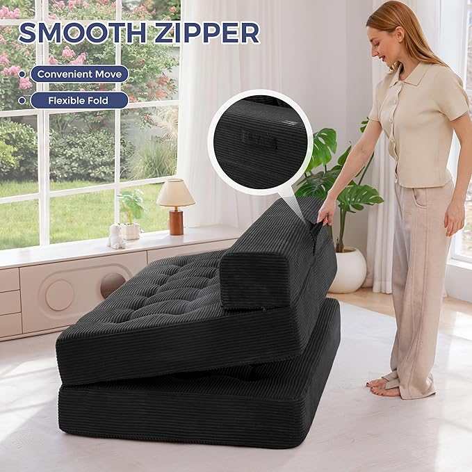 MAXYOYO Folding Sofa Couch, Convertible Floor Sleeper Couch with 3 Pillows, Tufted Floor Oversized Loveseat Couch Tufted Fold Out Chair Bed Comfy Sofa Lounge for Living Room Bedroom, Black