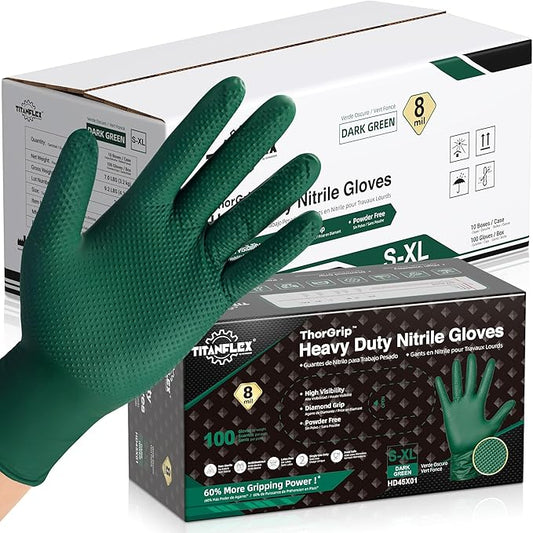 TitanFlex Heavy Duty Industrial Nitrile Gloves with Raised Diamond Texture, 8-mil, Latex Free (Green/Dark Green/Yellow)