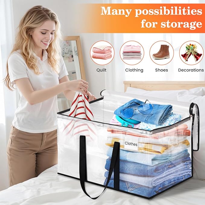Extra Large Heavy Duty Moving Bags, Storage Bags with Strong Zippers & Handles, Packing Bags for Moving Essentials, Ideal Storage Tote for Home, Dorm & Storage Solutions, 76L, 6 Packs, Clear