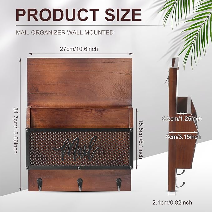 Farmhouse Mail Organizer Wall Mounted Rustic Mail Holder Hanging Key Sorter with 3 Hooks Indoor Wooden Wall Mounted, Letter, Magazines, Newspapers, Keys (Classics,Dark Brown)