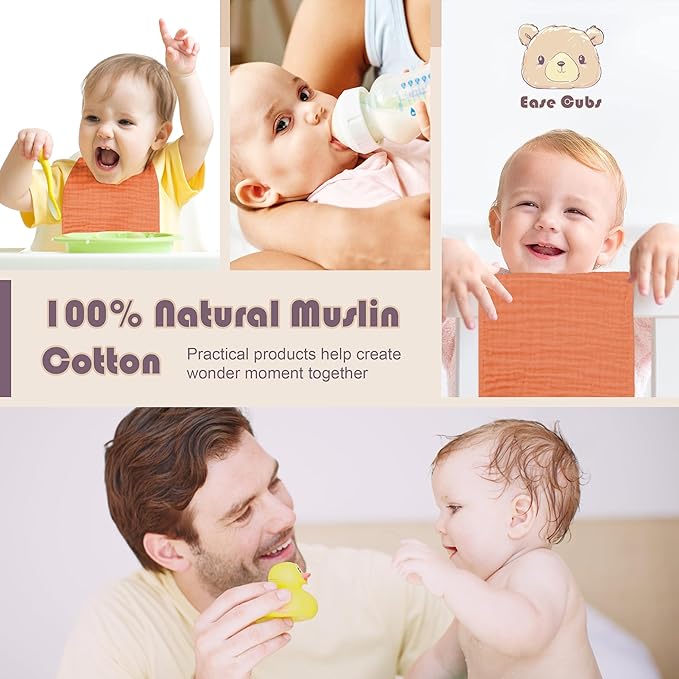 Muslin Burp Cloths Large 100% Cotton Hand Washcloths for Boys & Girls, Baby Essentials Extra Absorbent and Soft Burping Rags for Newborn Registry (Vermilion, 12-Pack, 20" X10")