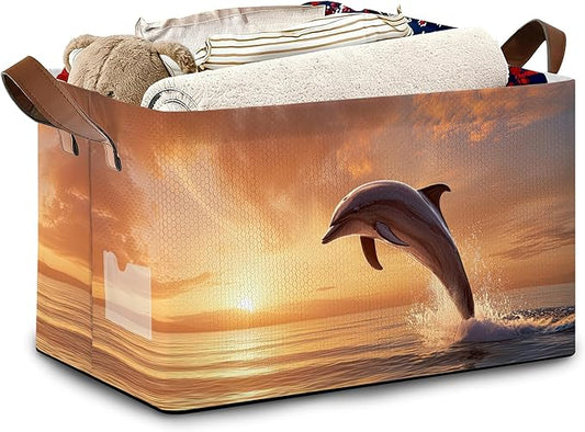 Dolphin Ocean Storage Basket,Sunset Collapsible Storage Bin Cubes for Living Room Bedroom Blankets Home Storage 17x11.5x10Inch