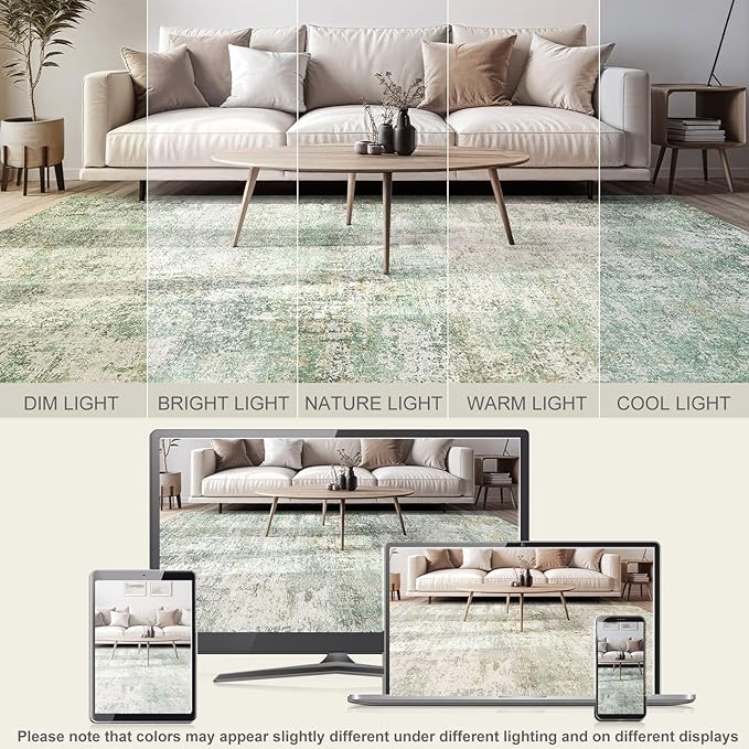 Area Rug Living Room Rugs - 5x7 Large Soft Indoor Neutral Modern Abstract Low Pile Washable Rug Carpet for Bedroom Dining Room Farmhouse Home Office - Green Grey