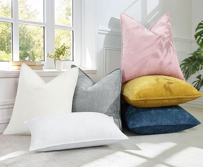 decorUhome Spring Couch Euro Sham Throw Pillow Covers 24x24 Set of 2, Decorative Soft Velvet Modern Cozy Chenille Pillow Cases with Elegant Design for Sofa Bed Living Room Home Decor, Cream White
