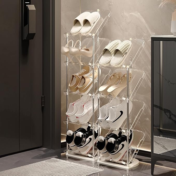YYW Narrow Shoe Rack Vertical Shoes Rack for Entryway Corner Shoe Storage Organizer for Small Spaces Transparently Tall Slim Shoe Shelf for Front Door Entrance Living Room White 3 Layers