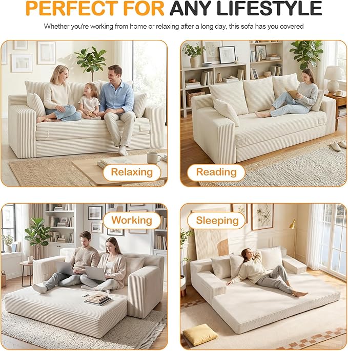 Oversize Loveseat Boneless Convertible Sofa Bed, Folding Floor Futon Sleeper Sofa Queen Size Couch Bed- Boneless Foldable Couch, Corduroy Pull Out Sofa Bed with 5 Pillows for Living Room & Bedroom