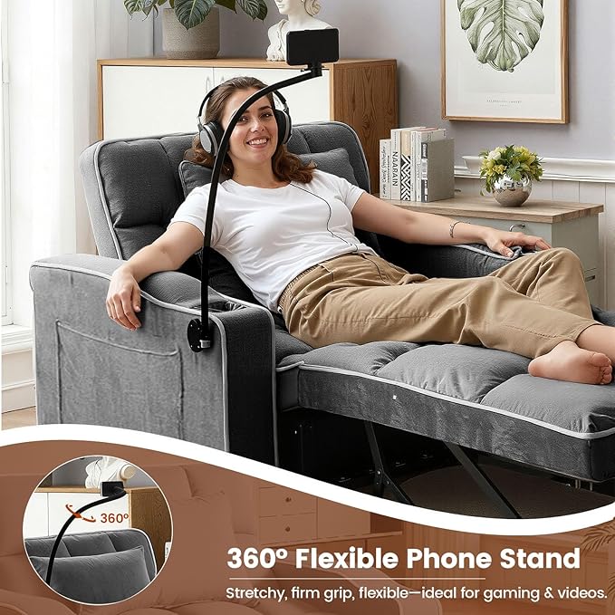 Convertible Sleeper Chair, Pull Out Chair Sleeper with Bracket and Cup Holder, Chairs Bed Sleepers for Adults, 3 in 1 Sofa Bed Chairs for Small Spaces, Living Room, Gray