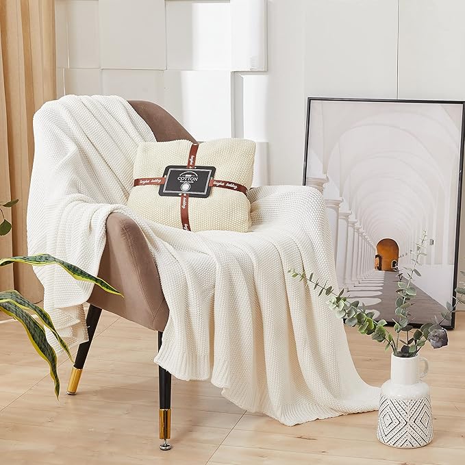 Longhui bedding Cotton Cable Knit Throw Blanket for Couch Sofa Bed, Home Decorative, Lightweight Woven Blankets with Bonus Laundering Bag, 50“ x 60”, Beige