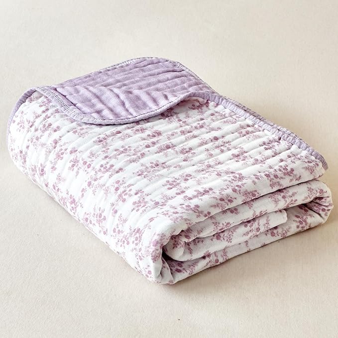 Muslin Swaddle Blankets for Girls Boys 100% Cotton Crib Blanket Lightweight Soft Breathable and Skin Friendly Receiving Blanket for Nap Infant Shower Items Toddler Gift (Floral Purple-a, 43"x43")
