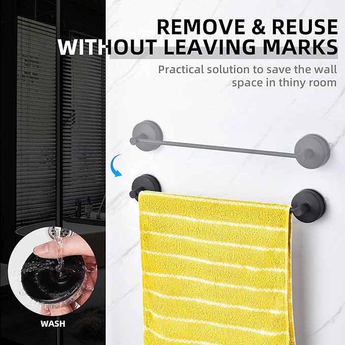 YOHOM Suction Cup Towel Bar for Shower 17 Inch Stainless Steel Bathroom Towel Rack Suction Washcloth Holder Vacuum Hand Towel Bar for Glass Shower Door Removable Towel (17inch-Black)
