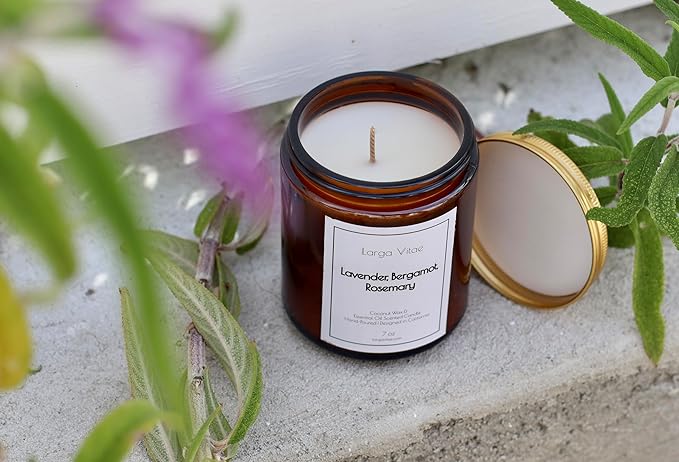 Lavender, Bergamot, Rosemary Coconut Wax Candle Non Toxic Aromatherapy Candle with Essential & Prime Rated Natural Fragrance Oils, Clean Burning Amber Jar Candle, 7 oz Small Batch