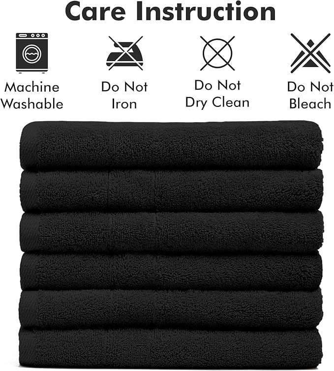 100% Cotton Hand Towels for Bathroom – Soft & Absorbent Towel Set– Pack of 6 Small Towel (34x20in) – Quick Dry Luxury Cotton Hand Towels – Black