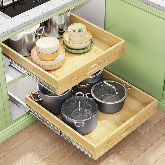 Pull Out Cabinet Organizer, Soft Close Wooden Slide Out Drawers for Pots and Pans, Full-extension Roll Out Shelves for Kitchen Cabinets, Pantry Organization, Bottom & Side Mount( 12"W X 21"D x 3.4''H)