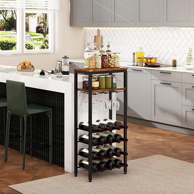 IBUYKE Wine Racks Freestanding Floor,Liquor Bottle Holder,16 Bottles Wine Cabinet with Glass Holder,Wine Holder Display,Mini Wine Bar Table for Living Room,Kitchen Pantry,Dining Room,Brown UTMJ907H